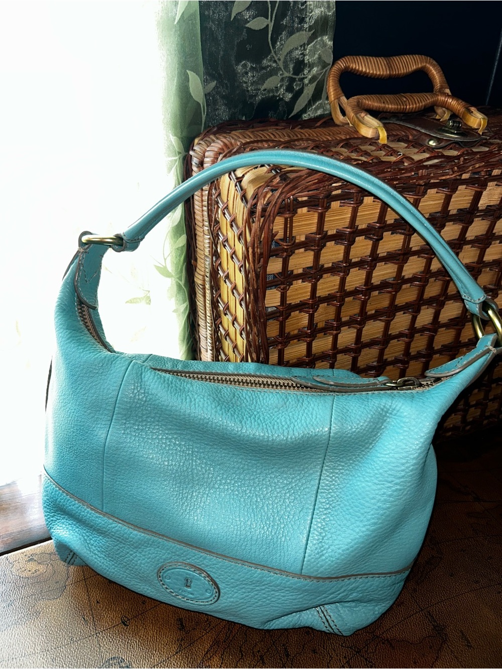 Vintage Fossil Teal Blue Pebbled Leather Shoulder Hobo Bag - Picture 5 of 16